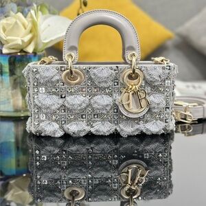 Dior Beaded White Crystal Lady Satchel with Gold Hardware